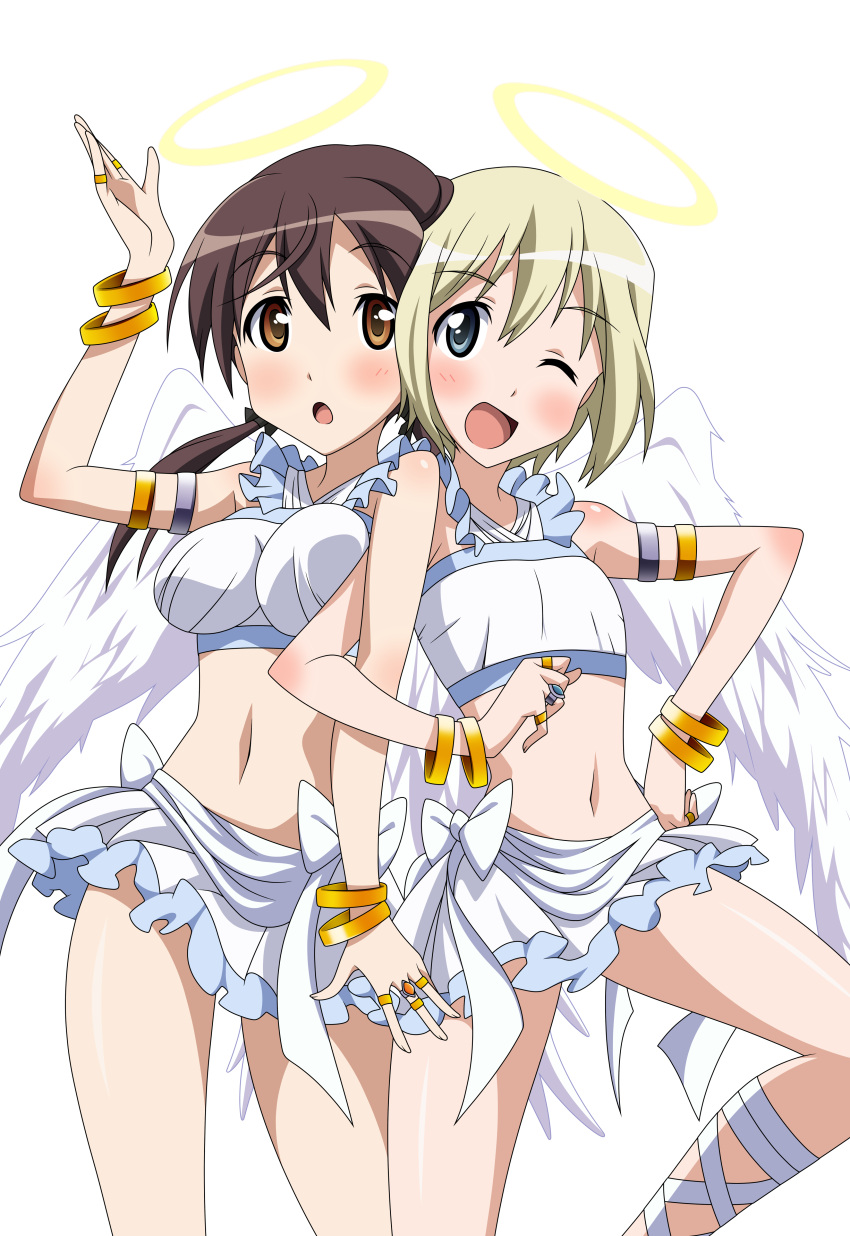 2girls :o ;d absurdres angel_wings ankle_lace-up armlet blonde_hair blue_eyes blush bow bracelet breasts brown_eyes brown_hair cosplay costume crop_top cross-laced_footwear erica_hartmann feathers flat_chest frills gertrud_barkhorn hair_ribbon halo halterneck hand_on_hip highres jewelry mc_axis medium_breasts midriff miniskirt multiple_girls navel one_eye_closed onoda_masahito open_mouth ribbon ring short_hair simple_background skirt smile strike_witches twintails vector_trace wings world_witches_series