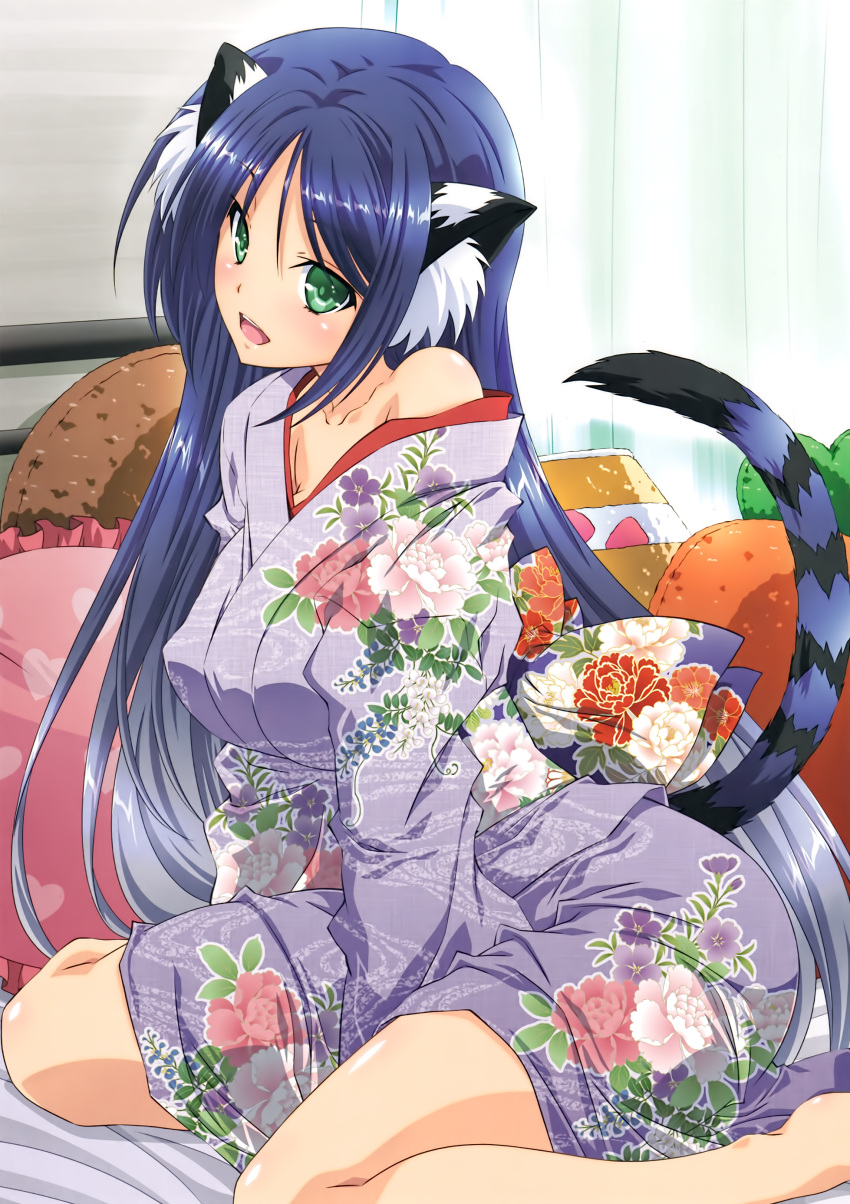 1girl :d absurdres animal_ears bangs bare_shoulders barefoot bed bed_sheet blue_hair breasts collarbone cropped curtains day eyebrows_visible_through_hair floral_print frilled_pillow frills green_eyes hair_between_eyes head_tilt heart heart_pillow heart_print highres indoors izumi_mahiru japanese_clothes kimono large_breasts long_sleeves looking_at_viewer obi off_shoulder on_bed open_mouth original pillow sash scan sitting sitting_on_bed smile solo tail tiger_ears tiger_tail tongue toranoana upper_teeth wariza wide_sleeves yukata