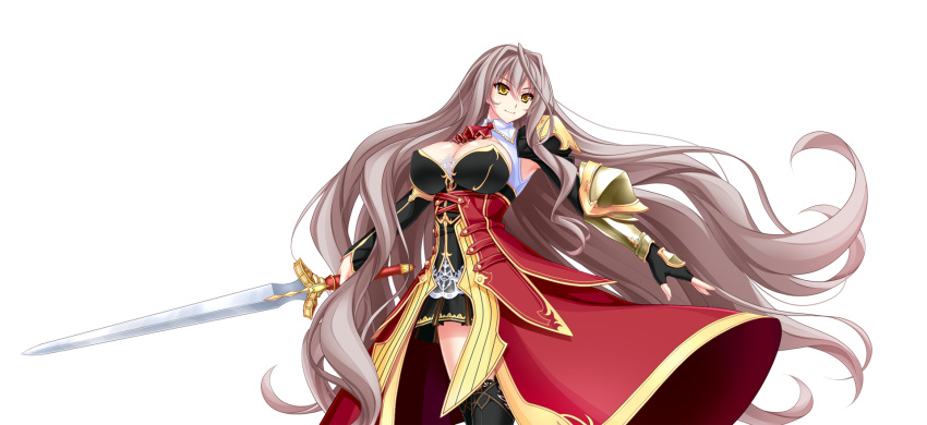 1girl asherias_pendragon breasts brown_hair cleavage elbow_gloves eyebrows_visible_through_hair fingerless_gloves gloves highres holding holding_weapon large_breasts long_hair looking_away overskirt pleated_skirt sennri_sabanegi skirt smile solo sword thigh-highs transparent_background unionism_quartet very_long_hair weapon yellow_eyes zettai_ryouiki