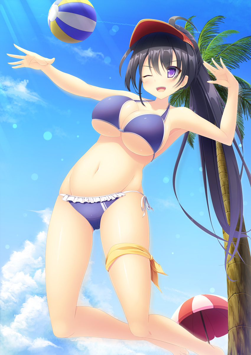 &gt;;d 1girl ;d ahoge armpits arms_up bare_legs barefoot beach_umbrella beach_volleyball bikini black_hair blue_sky blush breasts cleavage clouds collarbone day frilled_bikini frills full_body highres jumping large_breasts lens_flare liya long_hair moe2017 navel one_eye_closed open_mouth original outdoors palm_tree ponytail purple_bikini ribbon side-tie_bikini sky smile solo stomach summer sunlight swimsuit thigh_strap tree umbrella under_boob violet_eyes visor_cap volleyball white_ribbon