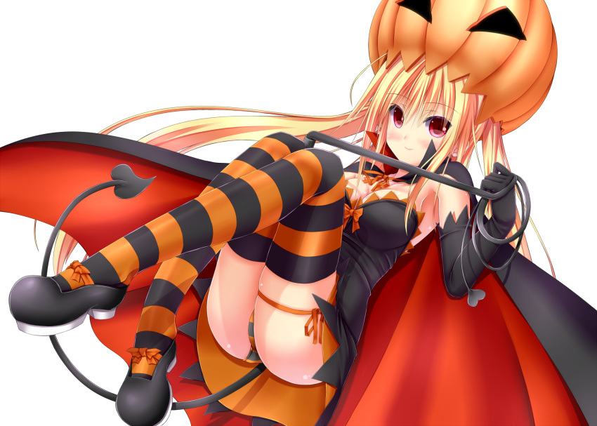 1girl armpits black_dress black_gloves blonde_hair breasts cleavage demon_tail dress elbow_gloves eyebrows_visible_through_hair floating_hair full_body gloves halloween hat highres holding long_hair looking_at_viewer medium_breasts orange_hat orange_ribbon original pumpkin_hat red_eyes ribbon shiny shiny_skin shouyan simple_background sleeveless sleeveless_dress smile solo strapless strapless_dress striped striped_legwear tail thigh-highs thigh_ribbon twintails very_long_hair white_background