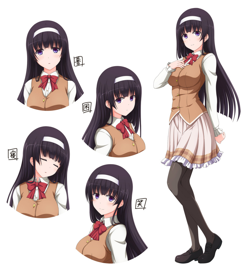 1girl black_hair blue_eyes bow bowtie character_sheet closed_eyes commentary_request expressions frills full_body headband highres long_hair looking_at_viewer multiple_views open_mouth original pantyhose pleated_skirt school_uniform shira-nyoro shoes simple_background skirt smile standing vest white_background