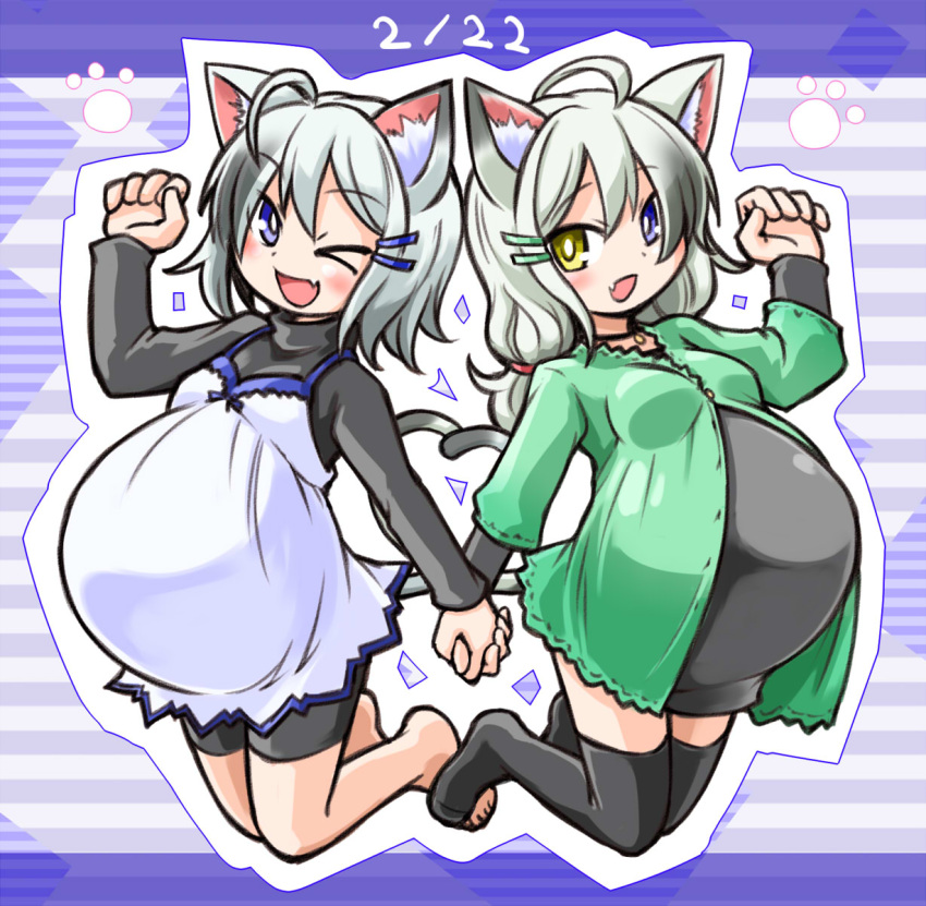 &gt;_o 2girls animal_ears barefoot big_belly bike_shorts blue_eyes cat_day cat_ears cat_tail dated dress fang hair_ornament hairclip hand_holding highres jewelry jumping kugelschreiber multiple_girls necklace one_eye_closed original paw_pose pregnant silver_hair tail thigh-highs turtleneck yellow_eyes
