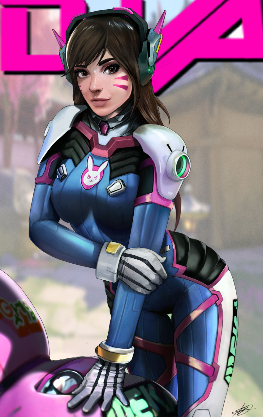 1girl absurdres acronym animal_print arm_grab bangs blue_bodysuit blurry blurry_background bodysuit bokeh bracer breasts breasts_apart brown_eyes brown_hair bunny_print character_name closed_mouth cowboy_shot d.va_(overwatch) depth_of_field eyelashes eyeliner facepaint facial_mark gloves hand_on_own_arm headphones high_collar highres legs_together lips lipstick long_hair looking_at_viewer makeup mascara mecha medium_breasts meka_(overwatch) nose outdoors overwatch pauldrons petri_rahkola pilot_suit pink_lips pink_lipstick realistic ribbed_bodysuit shoulder_pads signature skin_tight smile solo standing swept_bangs thigh_gap thigh_strap turtleneck whisker_markings white_gloves white_legwear