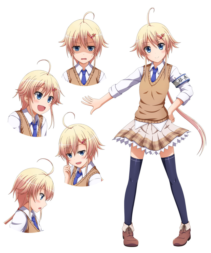 1girl ahoge antenna_hair blonde_hair blue_eyes character_sheet commentary_request expressions frills full_body hair_ornament hairclip hand_on_hip highres jitome looking_at_viewer multiple_views necktie open_mouth original pleated_skirt school_uniform shira-nyoro shoes simple_background skirt smile standing thigh-highs vest white_background