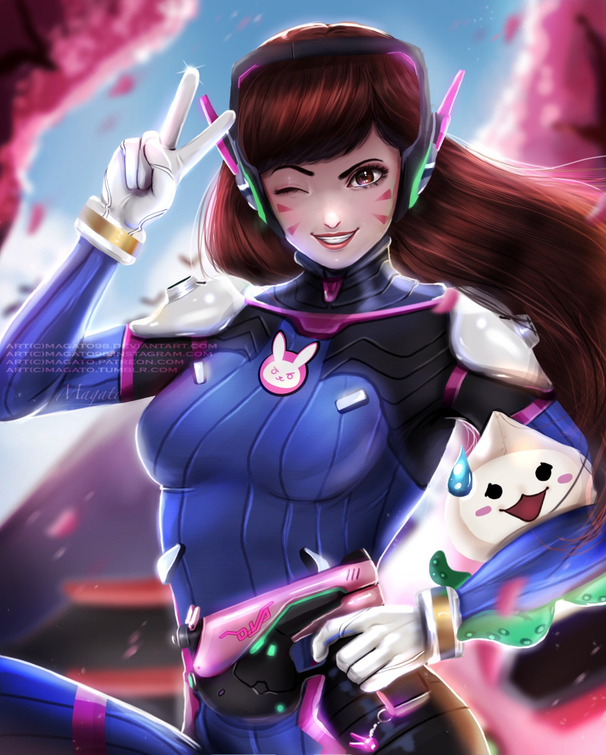 1girl absurdres animal_print backlighting bangs blue_sky bodysuit bracer breasts brown_eyes brown_hair bunny_print cherry_blossoms d.va_(overwatch) day facepaint facial_mark finger_on_trigger glint gloves grin gun handgun headphones high_collar highres holding holding_gun holding_weapon leg_up long_hair looking_at_viewer magato98 medium_breasts one_eye_closed outdoors overwatch pachimari petals pilot_suit pink_lips pistol ribbed_bodysuit shoulder_pads skin_tight sky smile solo stuffed_animal stuffed_octopus stuffed_toy sweatdrop swept_bangs upper_body v watermark weapon web_address whisker_markings white_gloves