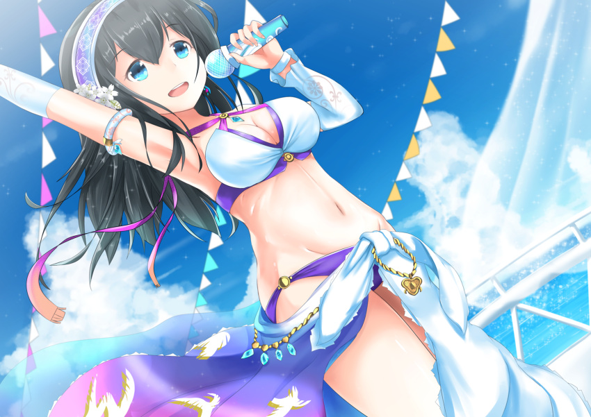 1girl bikini black_hair blue_eyes blush breasts cleavage clouds cloudy_sky dutch_angle highres idolmaster idolmaster_cinderella_girls joko_jmc long_hair microphone navel outstretched_arm sagisawa_fumika sarong sky solo swimsuit