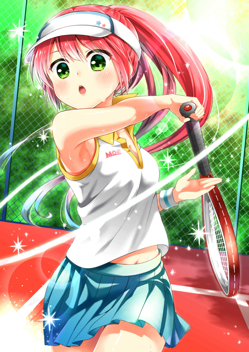 1girl absurdres armpits brown_hair flying_sweatdrops green_eyes hat highres long_hair navel nora_wanko open_mouth original ponytail racket shirt skirt sleeveless sleeveless_shirt solo sport sportswear sweat tennis tennis_racket tennis_uniform visor_cap