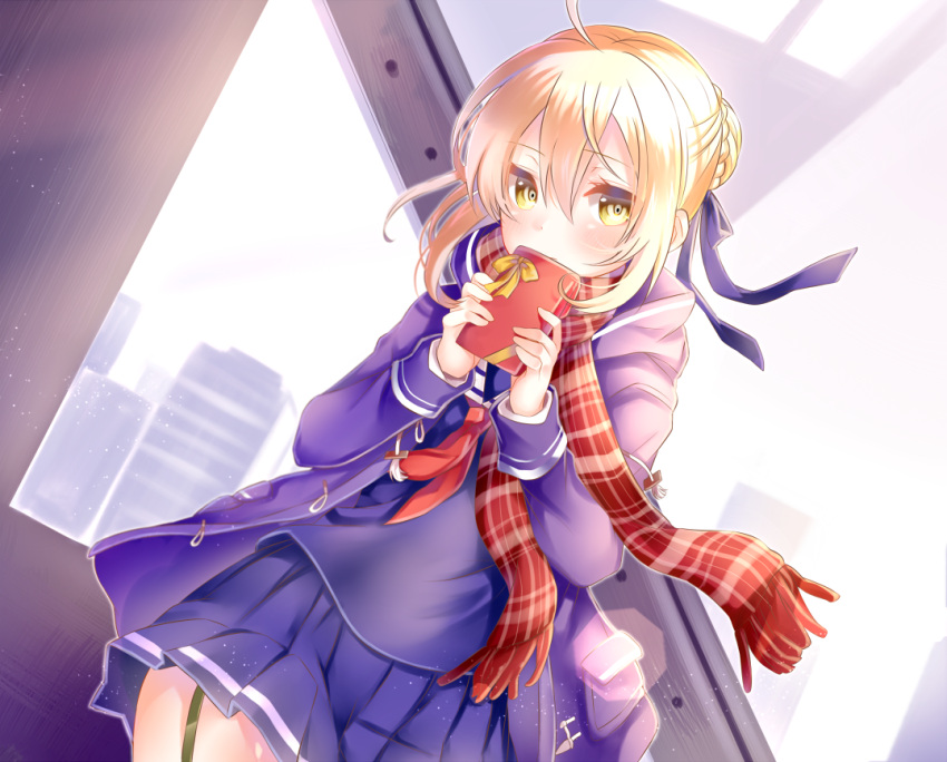 1girl ahoge bangs blonde_hair blue_ribbon blue_skirt blush braid city closed_mouth coat covered_mouth duffel_coat dutch_angle eyebrows_visible_through_hair fate/grand_order fate_(series) french_braid fringe garter_straps gift hair_between_eyes hair_bun heroine_x heroine_x_(alter) holding holding_gift looking_at_viewer mashiro_aa neckerchief open_clothes open_coat outdoors plaid plaid_scarf pleated_skirt red_neckerchief red_scarf ribbon saber scarf school_uniform serafuku short_hair_with_long_locks sidelocks skirt smile solo upper_body yellow_eyes