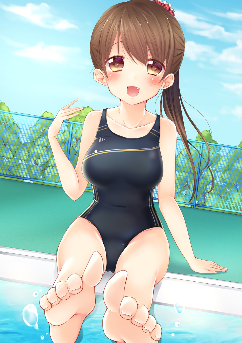 1girl :3 :d bangs blush breasts brown_eyes brown_hair bunsai collarbone competition_swimsuit covered_navel dutch_angle eyebrows_visible_through_hair fang feet foreshortening hair_between_eyes hair_ornament hair_scrunchie hand_up highres long_hair looking_at_viewer medium_breasts moe2017 one-piece_swimsuit open_mouth original outdoors ponytail pool poolside scrunchie sitting smile soles solo swimsuit thighs toes water_drop