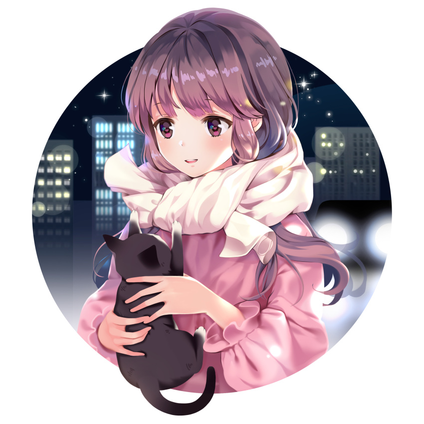 1girl absurdres bangs blush brown_hair cat city city_lights eyebrows_visible_through_hair highres holding_cat long_hair long_sleeves looking_at_another miyaza night original parted_lips puffy_long_sleeves puffy_sleeves scarf simple_background smile solo swept_bangs teeth upper_body violet_eyes white_background white_scarf