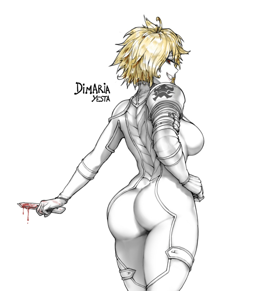 1girl armor artist_name ass back bangs blonde_hair blood bloody_weapon bodysuit breasts character_name cowboy_shot dimaria_yesta dripping eyebrows_visible_through_hair eyelashes fairy_tail from_behind gloves grin hand_on_hip highres holding holding_knife holding_weapon knife looking_at_viewer looking_back medium_breasts pale_skin pauldrons profile red_eyes revision short_hair simple_background skin_tight smile solo strap_gap the_golden_smurf thighs weapon white_background white_bodysuit white_gloves