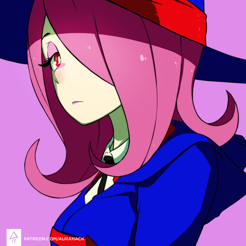 1girl erica_june_lahaie expressionless hair_over_one_eye hat highres little_witch_academia makeup pink_background pink_hair red_eyes signature solo sucy_manbavaran upper_body watermark web_address witch_hat