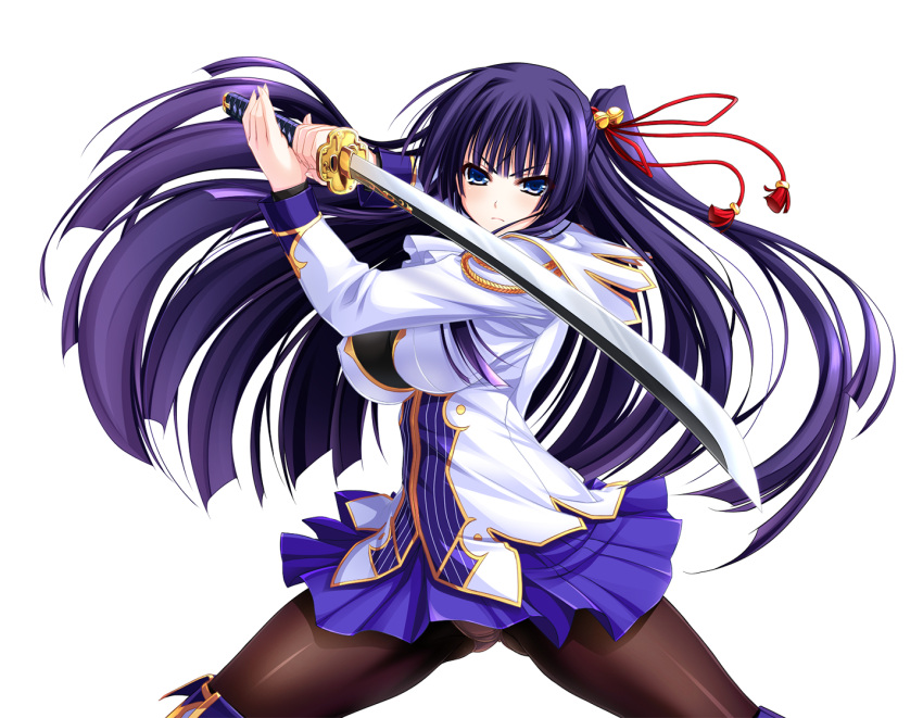 1girl amasaka_takashi bangs bell breasts detached_sleeves fighting_stance hair_bell hair_ornament holding holding_weapon large_breasts long_hair official_art panties panties_under_pantyhose pantyhose pleated_skirt skirt solo sword thigh-highs toujou_amane transparent_background underwear uniform unionism_quartet very_long_hair weapon