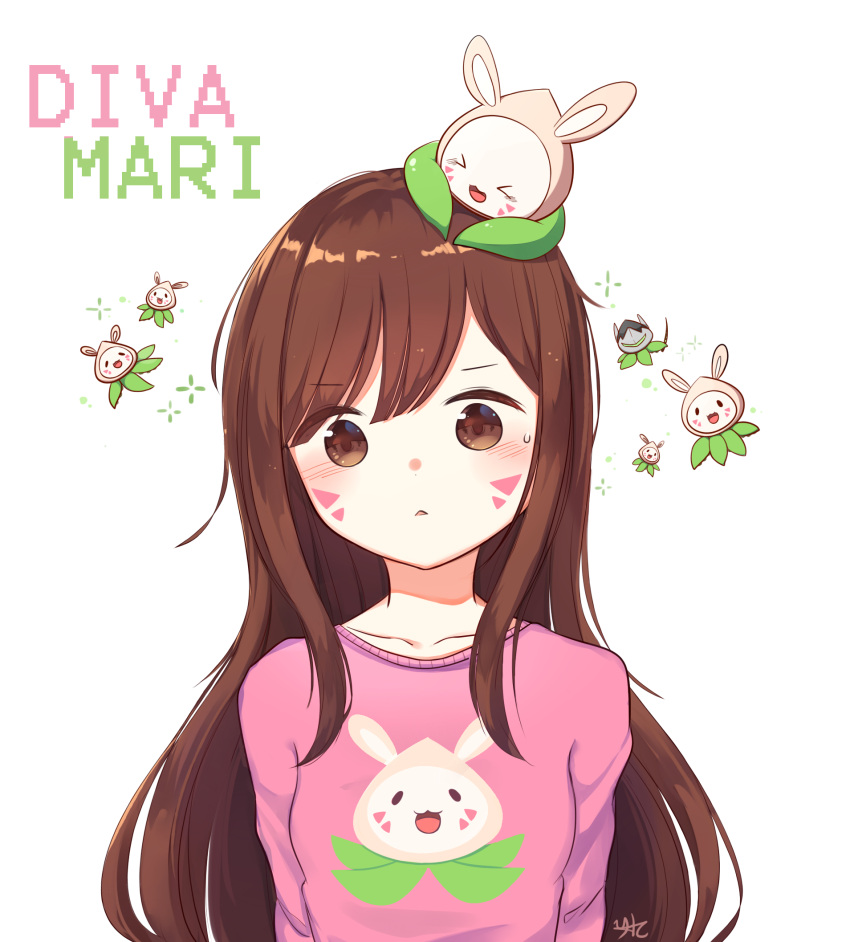 1girl :&lt; bangs blush breasts brown_eyes brown_hair casual collarbone d.va_(overwatch) eyebrows_visible_through_hair facepaint facial_mark heacho head_tilt highres long_hair long_sleeves looking_at_viewer object_on_head overwatch pachimari pink_shirt print_shirt shirt simple_background small_breasts solo stuffed_animal stuffed_octopus stuffed_toy sweatdrop swept_bangs t-shirt upper_body whisker_markings white_background