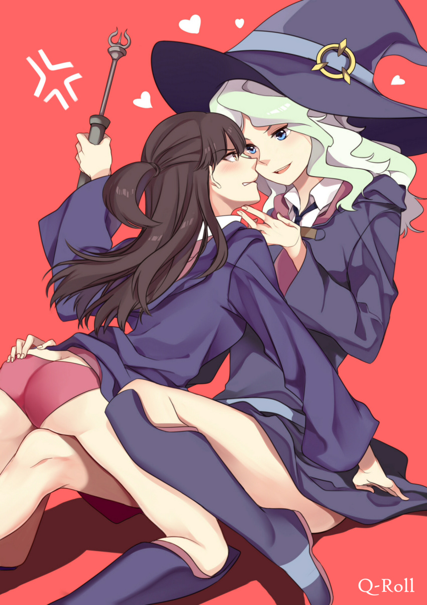 2girls akko_kagari anger_vein ass blonde_hair blue_eyes blush boots brown_eyes brown_hair diana_cavendish hand_on_another's_chin hand_on_ass hat heart highres knee_boots little_witch_academia long_hair multiple_girls necktie panties pink_panties q-roll red_background smile straddling thigh_straddling underwear wand witch_hat yuri