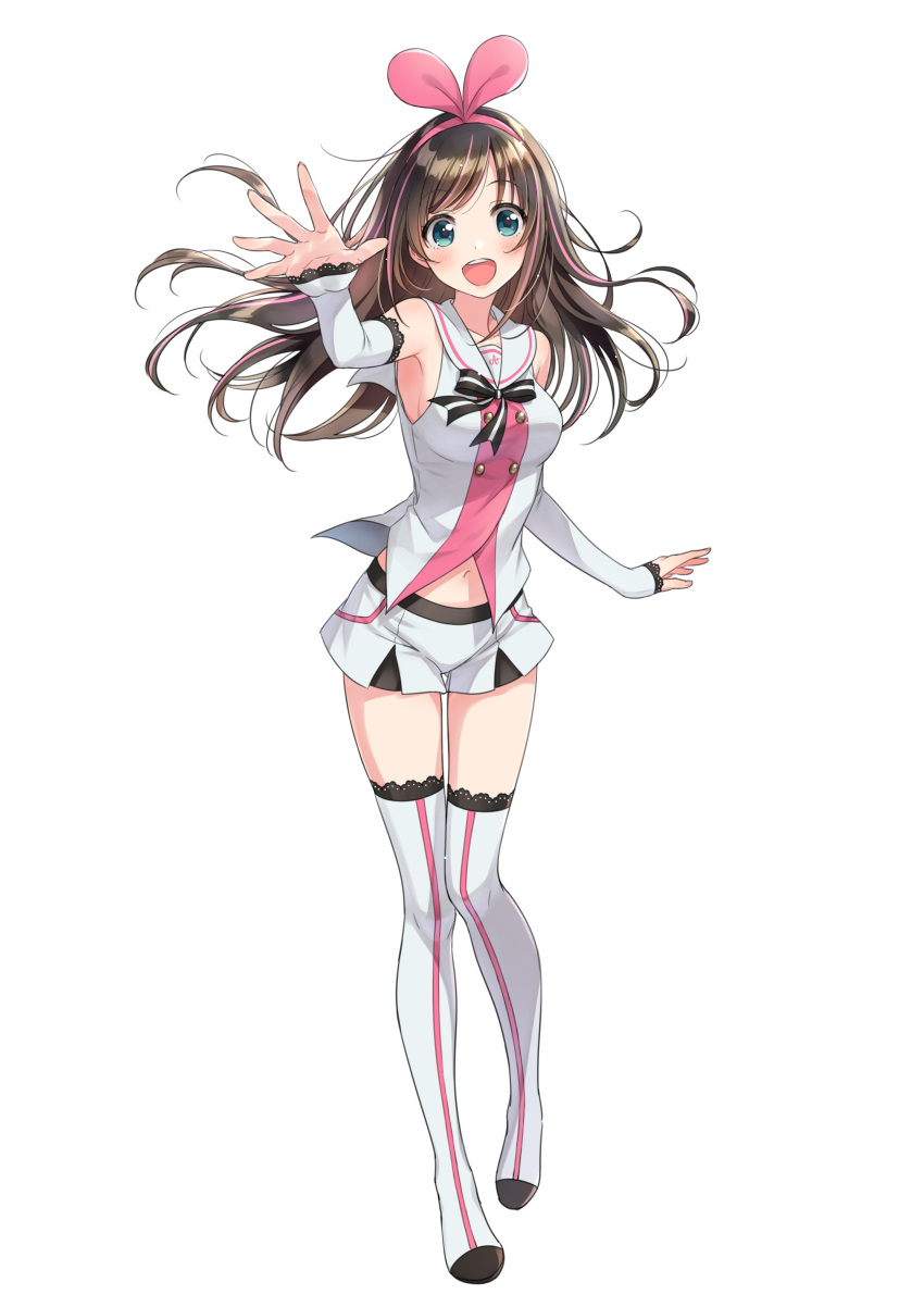 1girl :d a.i._channel absurdres arm_up arm_warmers armpits bangs bare_shoulders black_ribbon blue_eyes blush boots bow breasts brown_hair collarbone eyebrows_visible_through_hair floating_hair foreshortening full_body hair_bow hairband highres kizuna_ai lace lace-trimmed_thighhighs long_hair looking_at_viewer medium_breasts morikura_en navel official_art open_mouth outstretched_arm outstretched_hand pigeon-toed pink_bow pink_hairband ribbon sailor_collar short_shorts shorts sideboob simple_background smile solo standing striped striped_legwear striped_ribbon swept_bangs tareme teeth thigh-highs thigh_boots vest virtual_youtuber white_background white_boots white_legwear white_ribbon white_shorts white_vest