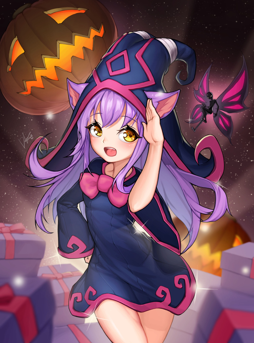 1girl :d absurdres alternate_costume alternate_skin_color animal_ears black_hat cat_ears fairy gift hand_on_hip hat highres jack-o'-lantern league_of_legends lee-seok_ho long_hair looking_at_viewer lulu_(league_of_legends) open_mouth pix purple_hair signature smile solo standing wicked_lulu wide_sleeves yellow_eyes yordle