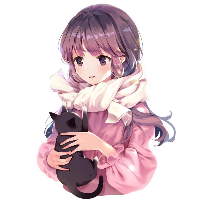 1girl absurdres bangs blush brown_hair cat eyebrows_visible_through_hair highres holding_cat long_hair long_sleeves looking_at_another miyaza original parted_lips puffy_long_sleeves puffy_sleeves scarf simple_background smile solo swept_bangs teeth upper_body violet_eyes white_background white_scarf