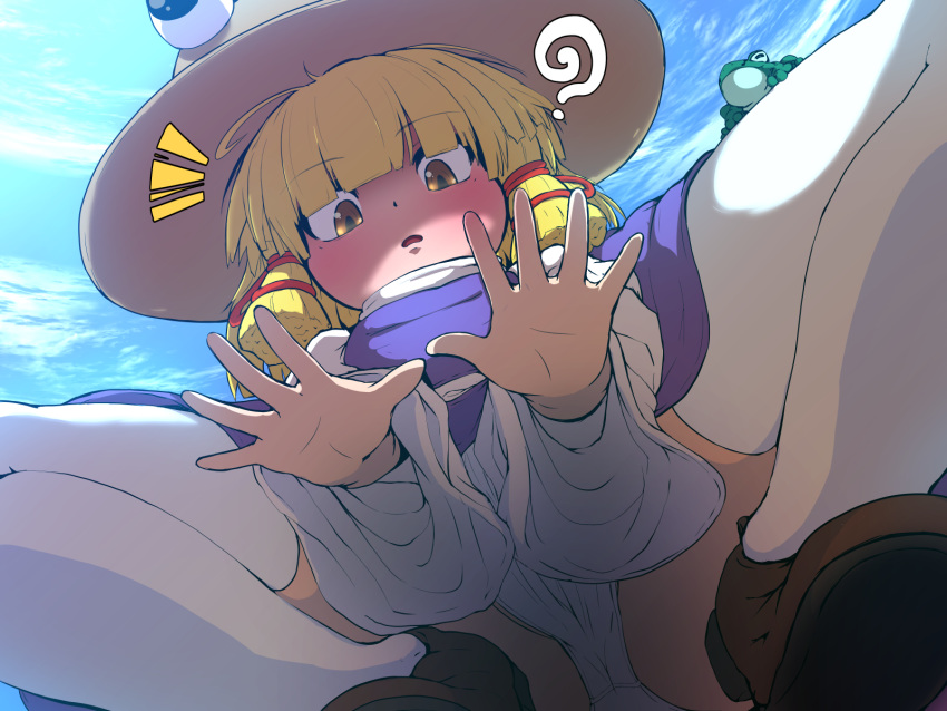 1girl bangs blonde_hair blunt_bangs blush frog hat highres long_sleeves looking_at_viewer miniskirt moriya_suwako panties pesogiso purple_skirt purple_vest short_hair sidelocks skirt skirt_set squatting sun_hat thigh-highs touhou underwear upskirt vest white_legwear white_panties wide_sleeves yellow_eyes