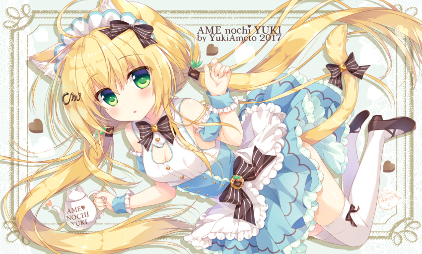 ameto_yuki animal_ears blonde_hair cat_cutout cat_ears cat_tail green_eyes looking_at_viewer maid original tail thigh-highs twintails wrist_cuffs