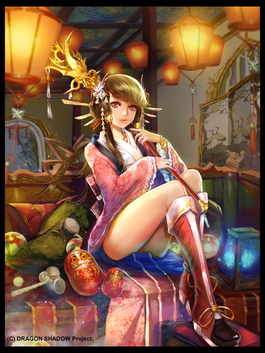 1girl absurdres ball bangle black_border boots border bracelet brown_hair copyright_name daruma_doll dragon's_shadow hair_ornament highres holding holding_staff indoors japanese_clothes jewelry kendama kenshjn_park knee_boots lantern looking_at_viewer over_shoulder paper_lantern pillow pink_eyes red_boots screen sitting staff watermark wide_sleeves window