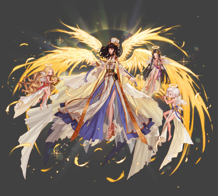4girls angel_wings anklet artist_request barefoot black_hair blue_eyes book brown_hair cross dress dungeon_and_fighter earrings feathers female_crusader_(dungeon_and_fighter) female_priest_(dungeon_and_fighter) flute grey_background hair_ornament halo hat head_wreath high_heels highres horn_(instrument) instrument jewelry long_hair multiple_girls music open_mouth outstretched_hand playing_instrument profile see-through very_long_hair white_clothes white_dress white_hair white_hat white_wings wings yellow_wings