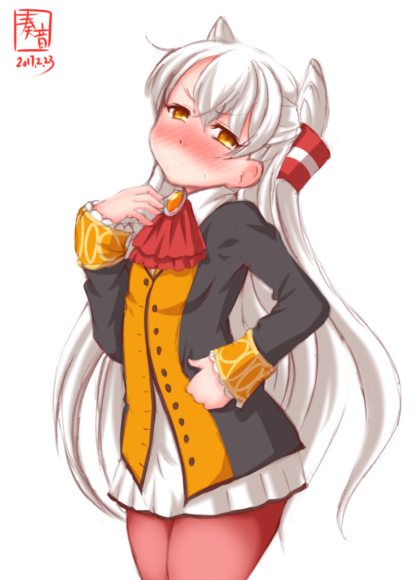 1girl alternate_costume amatsukaze_(kantai_collection) ascot blush brown_eyes commentary_request cosplay fate/grand_order fate_(series) hair_tubes highres kanon_(kurogane_knights) kantai_collection long_hair looking_at_viewer olga_marie olga_marie_(cosplay) pantyhose pleated_skirt red_legwear silver_hair simple_background sketch skirt solo sweat two_side_up white_background