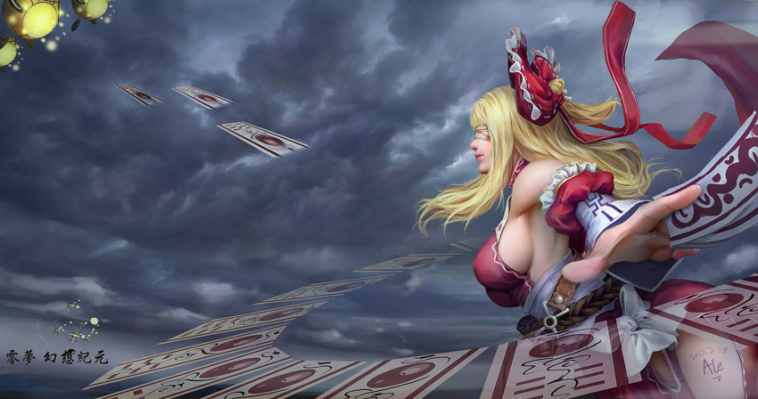 1girl 2017 adapted_costume alternate_costume alternate_hair_color alternate_hairstyle armpits artist_name bare_shoulders battle belt between_fingers blindfold blonde_hair bow breasts chinese closed_mouth clouds cloudy_sky cosplay covered_eyes cowboy_shot danmaku dated detached_sleeves donpatch_donpatch dress drone erect_nipples floating frilled_bow frilled_sleeves frills from_side hair_bow hakurei_reimu highres holding large_breasts long_hair nier_(series) nier_automata nose ofuda outdoors pink_lips profile puffy_detached_sleeves puffy_sleeves red_bow ribbed_dress ribbon-trimmed_skirt ribbon_trim robot rope sash shirt side_slit sideboob sidelocks sky sleeveless sleeveless_dress sleeveless_shirt solo touhou turtleneck white_bow yorha_no._2_type_b yorha_no._2_type_b_(cosplay)
