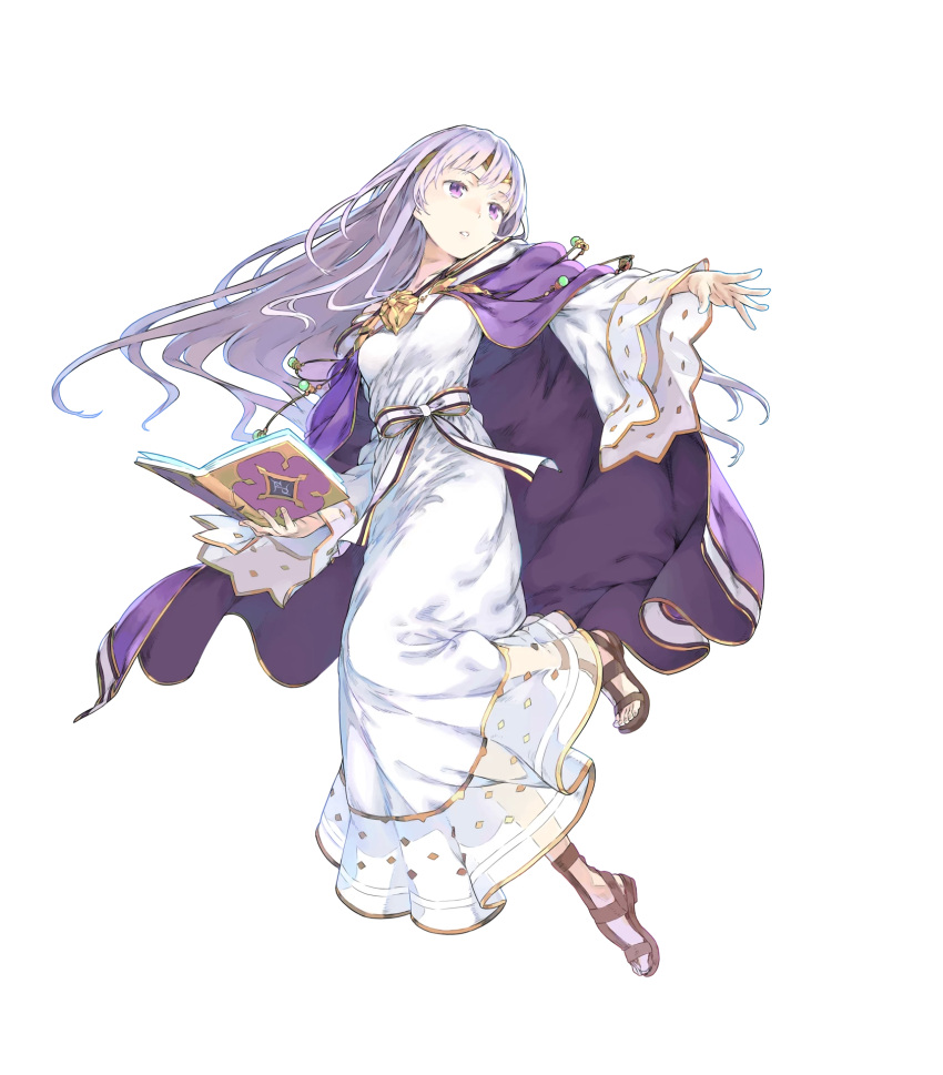 1girl book cape detached_sleeves dress fire_emblem fire_emblem:_seisen_no_keifu fire_emblem_heroes haimura_kiyotaka highres holding jewelry long_hair looking_away official_art purple_hair sandals solo tiara transparent_background violet_eyes wide_sleeves yuria_(fire_emblem)