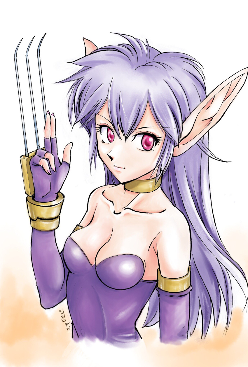 1girl bare_shoulders breasts choker claw_(weapon) cleavage collarbone dated elbow_gloves female fingerless_gloves gloves highres long_hair medium_breasts miruwao neck neck_ring nei phantasy_star phantasy_star_ii pink_eyes pointy_ears purple_gloves purple_hair sega serious solo strapless weapon