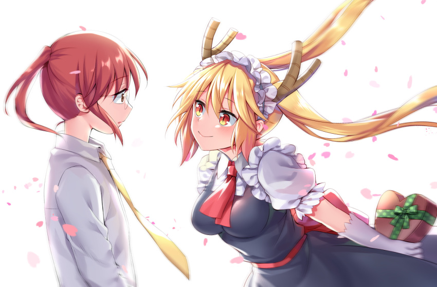 2girls althea_(sakiya0000) arm_at_side arms_behind_back bangs black_dress blonde_hair blush breasts brown_hair closed_mouth collared_shirt cravat dragon_girl dragon_horns dragon_tail dress eye_contact eyebrows_visible_through_hair eyelashes flat_chest floating_hair frills from_side gift glasses gloves hair_between_eyes heart-shaped_box high_ponytail holding holding_gift horns kobayashi-san_chi_no_maidragon kobayashi_(maidragon) leaning_forward long_hair long_sleeves looking_at_another maid_headdress medium_breasts motion_blur multiple_girls necktie parted_lips petals polka_dot profile puffy_short_sleeves puffy_sleeves redhead rimless_glasses sash shirt short_sleeves sidelocks smile surprised tail tooru_(maidragon) twintails valentine white_gloves white_shirt wind yellow_necktie yuri