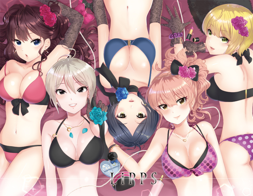 5girls :o arm_up ass bangs bikini black_gloves black_hair blonde_hair blue_eyes breasts brown_hair cleavage flower gloves green_eyes hair_flower hair_ornament hayami_kanade heart ichinose_shiki idolmaster idolmaster_cinderella_girls jougasaki_mika large_breasts lipps_(idolmaster) lipstick long_hair looking_at_viewer makeup miyamoto_frederica multiple_girls navel o-ring_top otsuki38 parted_bangs petals pink_hair polka_dot polka_dot_bikini shiomi_shuuko short_hair smile swimsuit yellow_eyes