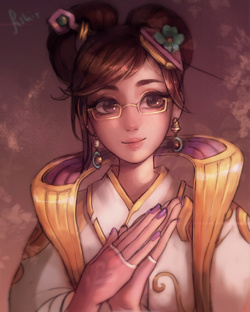 1girl brown_background brown_eyes brown_hair chang'e_mei chinese_clothes earrings flower glasses hair_flower hair_ornament hair_up hairpin hands_together highres jewelry light_smile lips long_sleeves looking_at_viewer matilda_vin mei_(overwatch) nail_polish overwatch purple_nails semi-rimless_glasses signature solo under-rim_glasses upper_body yellow-framed_eyewear
