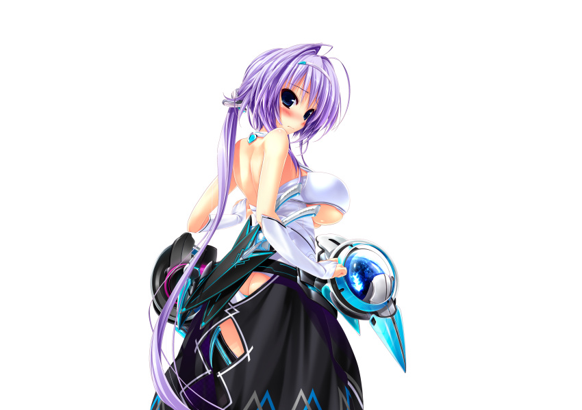 1girl ass_cutout bare_back blue_eyes blush breasts bridal_gauntlets butt_crack highres hoshizaki_ouka large_breasts long_hair looking_at_viewer official_art oshiki_hitoshi ponytail purple_hair sakigake_generation! solo transparent_background under_boob very_long_hair