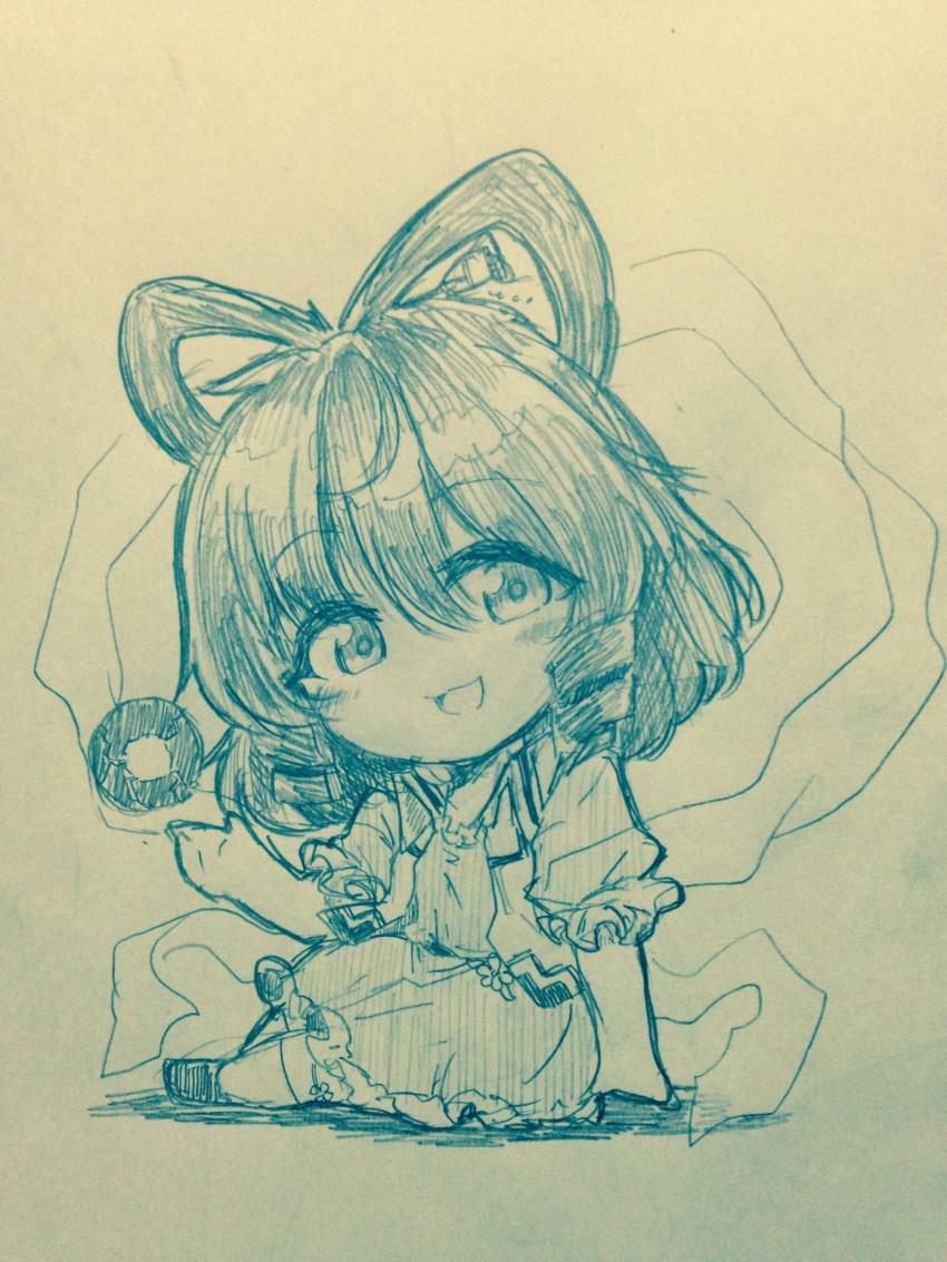 1girl :d bangs chibi coin commentary_request efukei eyebrows_visible_through_hair flower full_body hair_between_eyes hair_ornament hair_rings hairpin highres kaku_seiga looking_at_viewer monochrome open_mouth shawl shoes short_sleeves sitting sleeveless smile solo touhou traditional_media