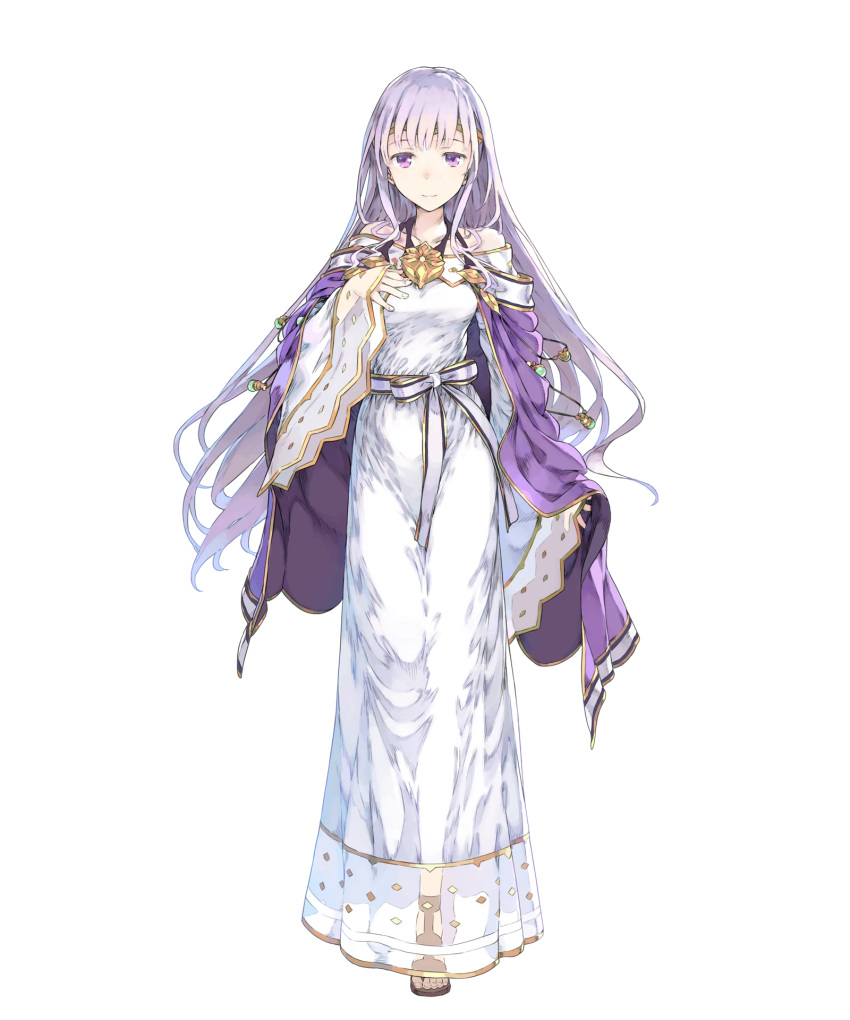 1girl cape detached_sleeves dress fire_emblem fire_emblem:_seisen_no_keifu fire_emblem_heroes full_body haimura_kiyotaka hand_on_own_chest highres long_hair looking_at_viewer official_art purple_hair sandals smile solo standing tiara transparent_background violet_eyes wide_sleeves yuria_(fire_emblem)