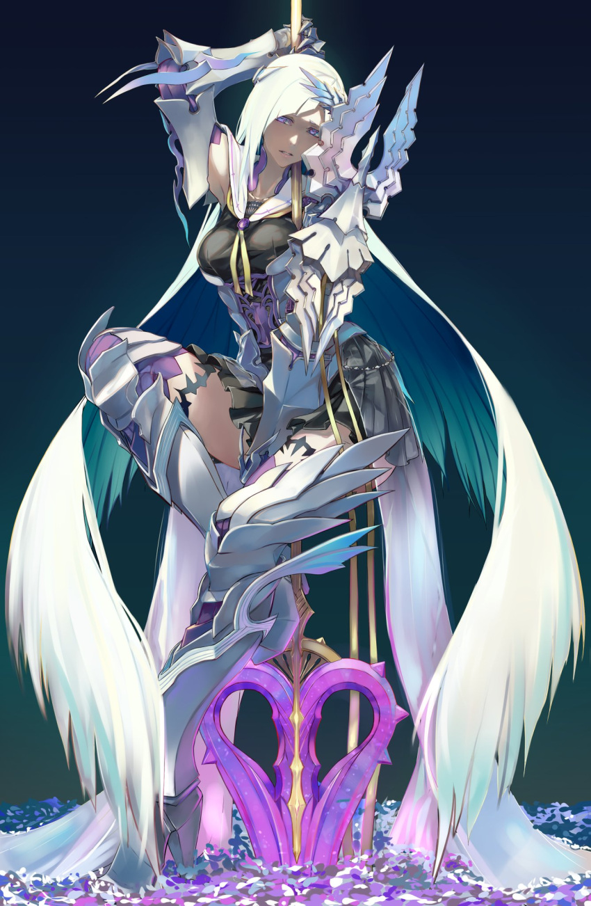 1girl armor breasts fate/grand_order fate/prototype fate/prototype:_fragments_of_blue_and_silver fate_(series) highres jikeshi lancer_(fate/prototype_fragments) long_hair looking_at_viewer polearm purple_hair silver_hair solo spear thigh-highs very_long_hair violet_eyes weapon