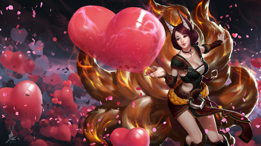 1girl 2016 ahri alternate_costume animal_ears artist_name blown_kiss breasts brown_hair choker cleavage feihong_chen fox_ears fox_tail heart highres league_of_legends nail_polish red_nails side_cutout solo standing tail watermark