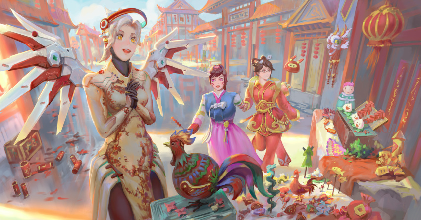 3girls alternate_costume alternate_eye_color alternate_hairstyle backlighting bangs bird black-framed_eyewear blonde_hair bodysuit braid breasts brown_eyes brown_hair brown_legwear bunny_hair_ornament character_doll chicken chinese_clothes chinese_lantern d.va_(overwatch) day debris dress drone facepaint facial_mark faulds firecrackers food glasses golden_mercy hair_ornament hair_stick hanbok hand_holding hands_clasped high_ponytail highres holding holding_food korean_clothes long_hair long_sleeves looking_at_another looking_away looking_to_the_side luna_mei mechanical_halo mechanical_wings medium_breasts mei_(overwatch) mercy_(overwatch) multiple_girls open_mouth outdoors overwatch pachimari palanquin_d.va perspective pink_skirt reflection road robot rooster short_hair skirt smile snowball_(overwatch) standing standing_on_one_leg street striped_sleeves stuffed_animal stuffed_octopus stuffed_toy swept_bangs table vincent_123 violet_eyes water whisker_markings wide-eyed wings yellow_eyes