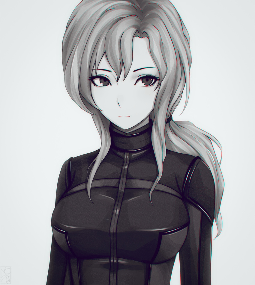 1girl arms_at_sides bodysuit breasts commentary expressionless grey_background greyscale highres kiryuu_moeka large_breasts long_hair looking_at_viewer miura-n315 monochrome no_glasses ponytail shiny shiny_clothes sidelocks simple_background skin_tight solo steins;gate turtleneck