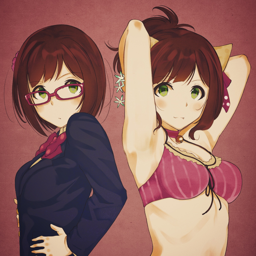 1girl absurdres animal_ears arms_behind_head arms_up blush breasts brown_hair cat_ears closed_mouth commentary_request fake_animal_ears fang glasses green_eyes highres idolmaster idolmaster_cinderella_girls kanamura_will long_sleeves looking_at_viewer maekawa_miku medium_breasts multiple_persona school_uniform short_hair upper_body