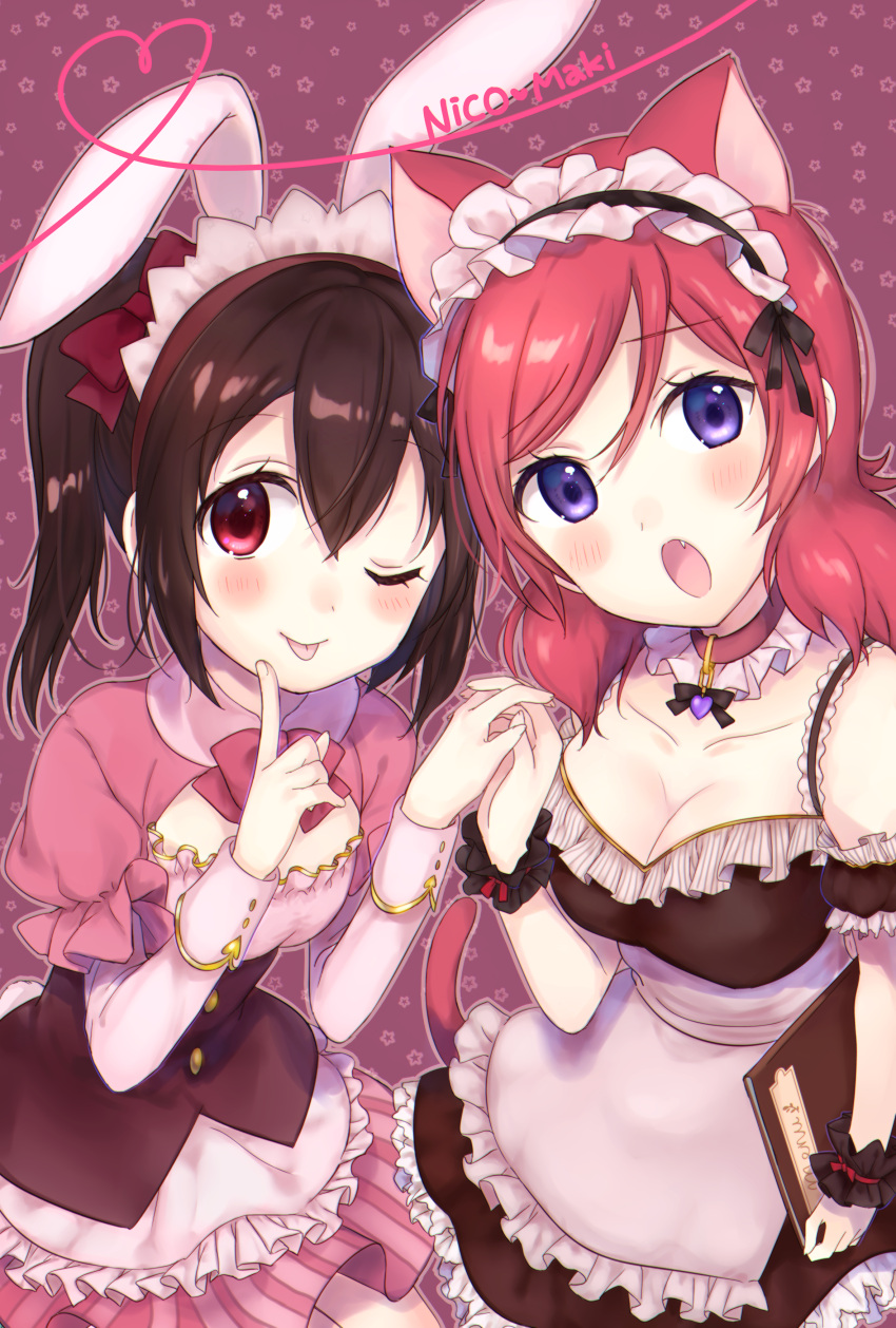 2girls :o ;p absurdres animal_ears apron arm_at_side bangs black_dress black_ribbon blush bow bowtie breasts cat_ears cleavage closed_mouth cowboy_shot detached_sleeves dress eyebrows_visible_through_hair fang finger_to_cheek fingernails flat_chest frilled_apron frills hair_between_eyes hair_bow hairband hand_holding head_tilt heart heart_of_string highres holding interlocked_fingers kakizato kemonomimi_mode long_sleeves looking_at_viewer love_live! love_live!_school_idol_project maid_headdress medium_breasts menu multiple_girls nishikino_maki one_eye_closed open_mouth outline pink_bow pink_bowtie pink_dress puffy_short_sleeves puffy_sleeves rabbit_ears red_bow redhead ribbon short_dress short_over_long_sleeves short_sleeves sidelocks star starry_background striped tongue tongue_out twintails underbust vertical_stripes violet_eyes waist_apron white_apron wrist_cuffs yazawa_nico
