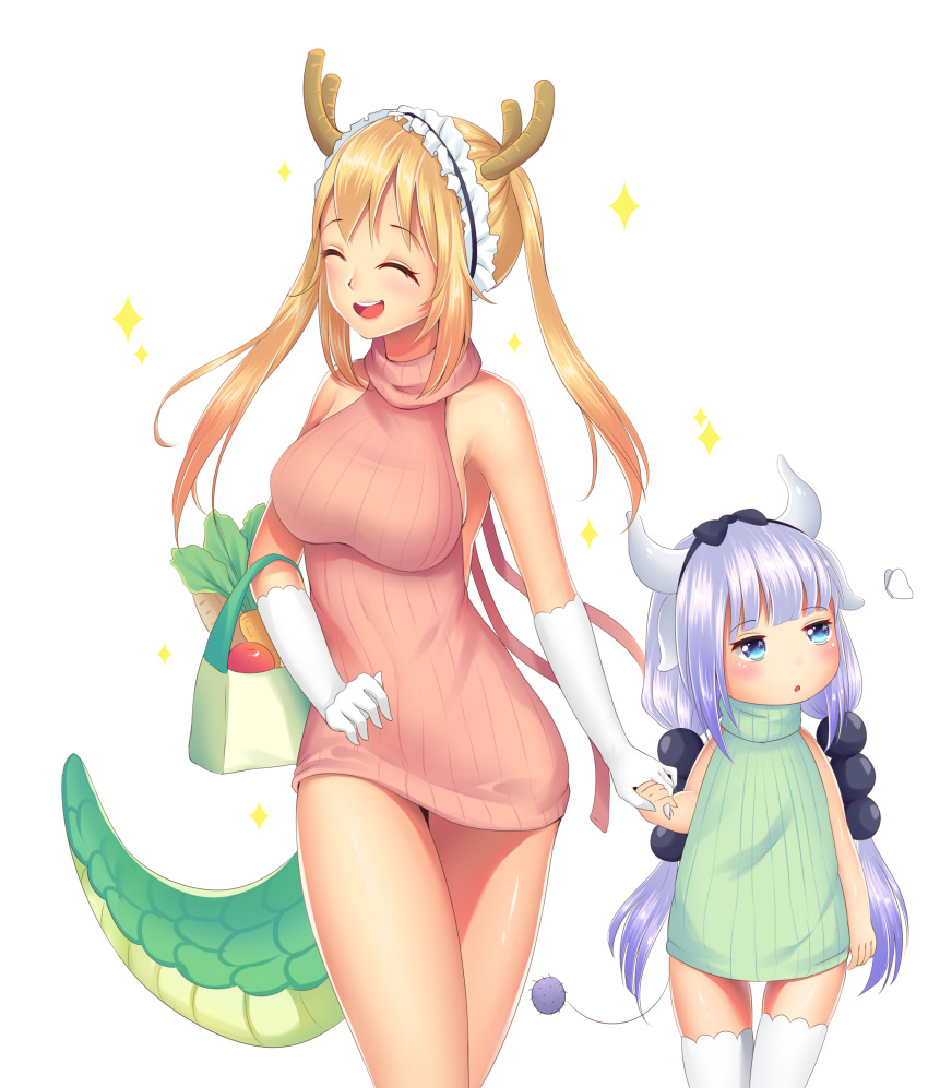 2girls :d :o absurdres apple arm_at_side backless_outfit bag bangs bare_shoulders beads black_bow black_hairband blue_eyes blunt_bangs blush bow breasts brown_dress brown_sweater butterfly carrot carrying_bag cowboy_shot dragon_girl dragon_horns dragon_tail drawstring dress elbow_gloves expressionless eyebrows_visible_through_hair flat_chest food frills fruit gloves gradient gradient_hair green_dress hair_beads hair_bow hair_ornament hairband halterneck hand_holding highres horns jitome kanna_kamui kobayashi-san_chi_no_maidragon large_breasts lavender_hair legs_crossed legs_together long_hair looking_to_the_side low_twintails maid_headdress meme_attire multicolored_hair multiple_girls naked_sweater open-back_dress open_mouth pink_lips pink_sweater purple_hair ribbed_sweater round_teeth shopping_bag sideboob sidelocks sleeveless sleeveless_turtleneck smile sparkle standing sweater sweater_dress tail tamask teeth thigh-highs thigh_gap tongue tooru_(maidragon) transparent_background turtleneck turtleneck_sweater twintails vegetable very_long_hair virgin_killer_sweater white_hair