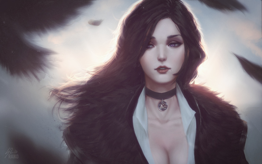 1girl artist_name black_choker black_hair breasts choker cleavage collarbone hair_over_one_eye highres jewelry large_breasts lips long_hair md5_mismatch mole mole_under_mouth parted_lips pendant pentagram raikoart red_lips revision solo the_witcher upper_body violet_eyes wallpaper wing_collar yennefer