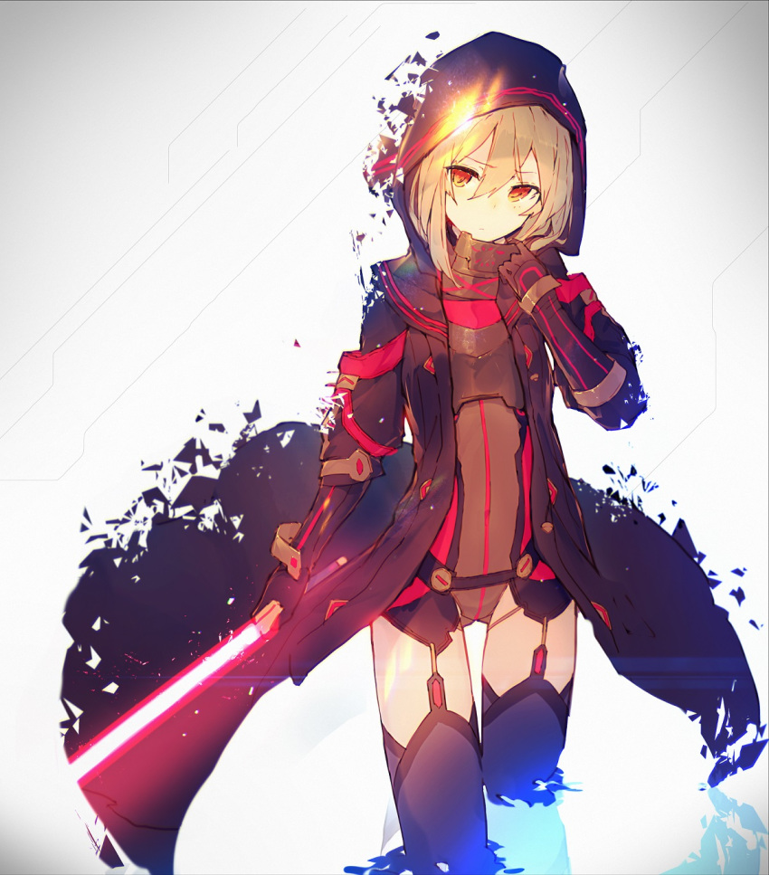 1girl blonde_hair blush breastplate brown_eyes closed_mouth energy_sword enj! eyebrows_visible_through_hair fate/grand_order fate_(series) garter_straps gluteal_fold grey_leotard hair_between_eyes hand_up heroine_x heroine_x_(alter) highres holding holding_sword holding_weapon hood_up hooded_coat lightsaber looking_at_viewer saber sidelocks solo standing sword thigh-highs wading water weapon