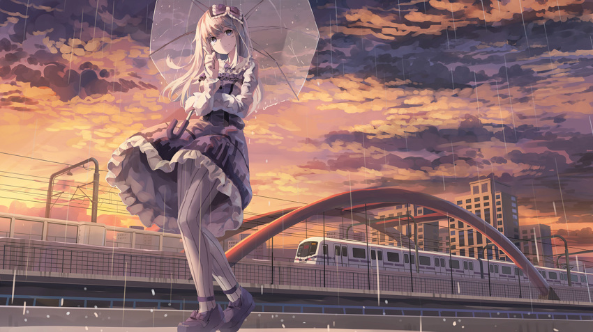 1girl blonde_hair blue_eyes bow clouds ground_vehicle hair_bow huanxiang_huifeng lolita_fashion long_hair original pantyhose rain scenery sky solo striped striped_legwear train umbrella