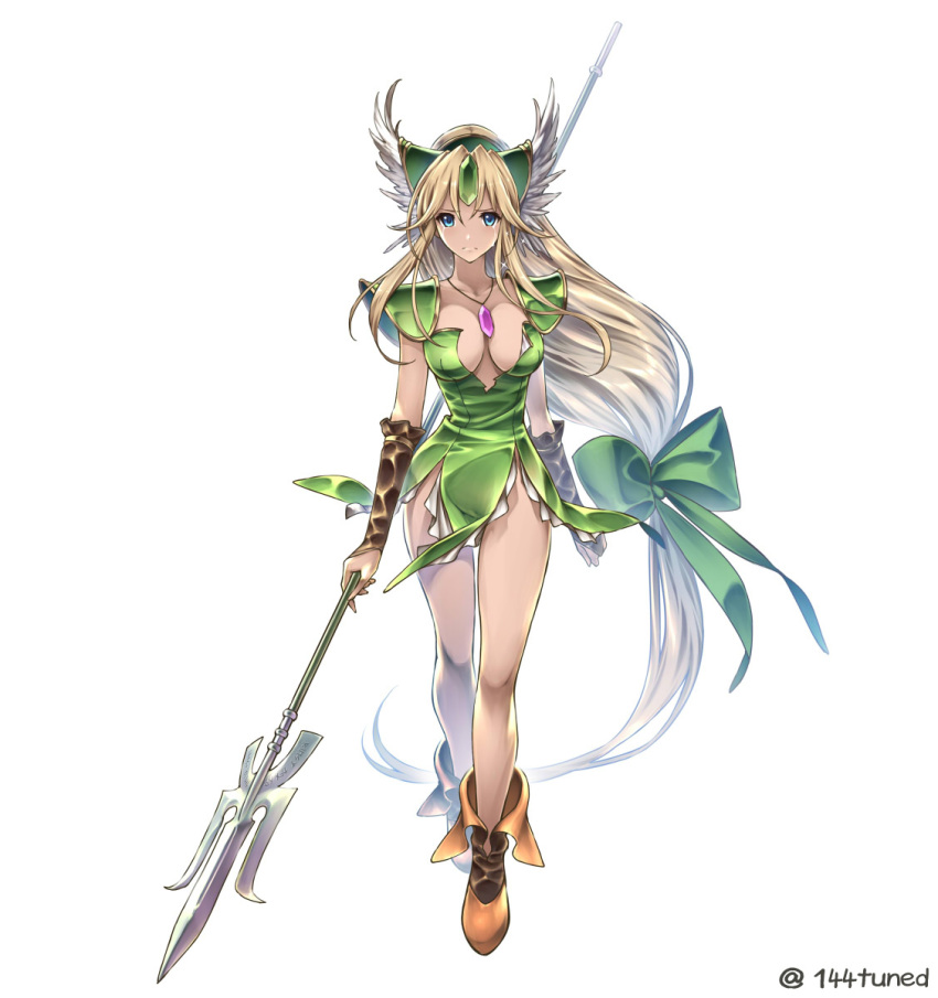 144_(riesztan) 1girl arms_at_sides bangs blonde_hair blue_eyes blush boots bow breasts brown_boots cleavage closed_mouth crying crying_with_eyes_open dress forehead_jewel frown full_body green_bow green_dress hair_bow helmet highres holding holding_weapon jewelry large_breasts long_hair looking_at_viewer low-tied_long_hair parted_bangs pauldrons pendant polearm riesz seiken_densetsu seiken_densetsu_3 short_dress sidelocks solo spear standing tachi-e tears twitter_username very_long_hair weapon white_background winged_helmet