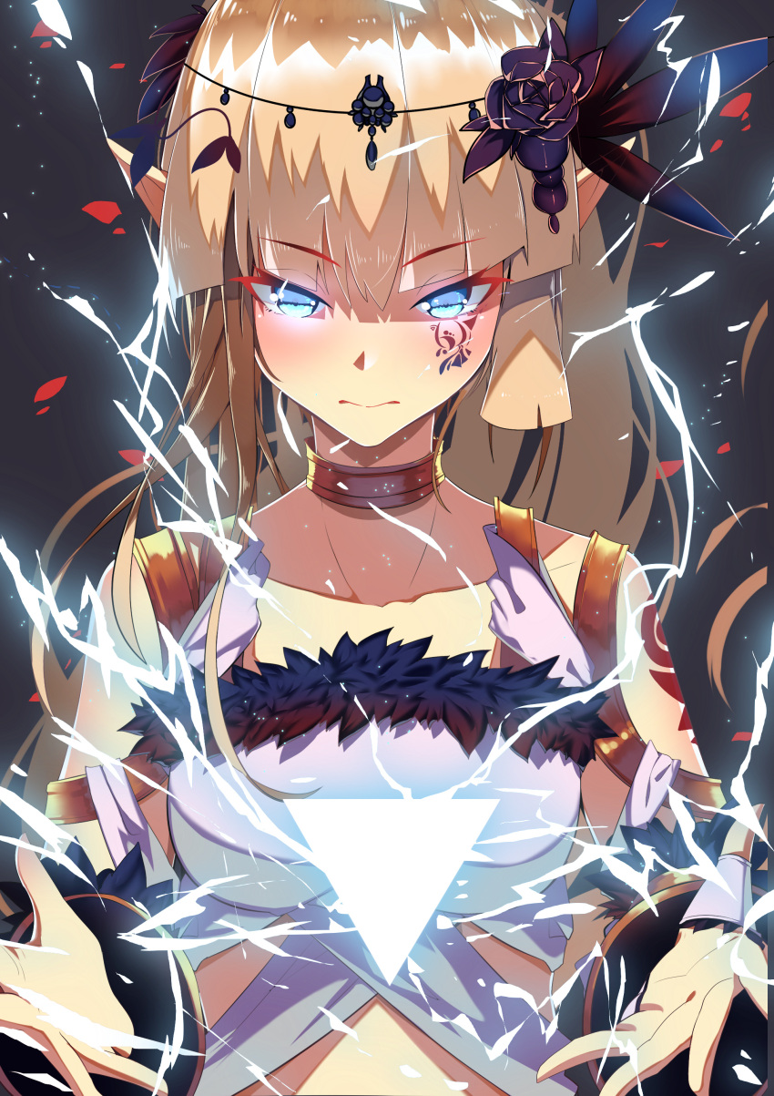 1girl 3:&lt; absurdres arms_at_sides bangs black_background black_rose blonde_hair blue_eyes breasts closed_mouth electricity facial_tattoo feathers flower glowing glowing_eyes hair_flower hair_ornament half-closed_eyes highres looking_at_viewer lucky_(1045044604) medium_breasts original outstretched_hand rose simple_background solo tattoo triangle tsurime upper_body
