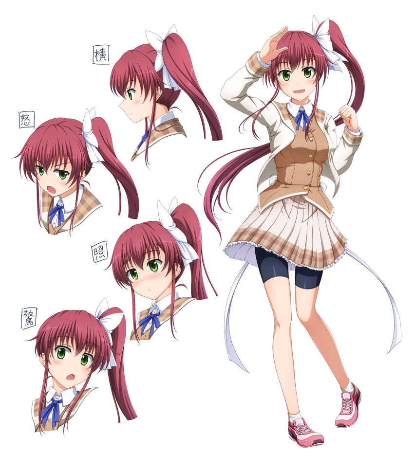 1girl bike_shorts character_sheet commentary_request expressions full_body green_eyes hair_ornament hair_ribbon highres long_hair looking_at_viewer multiple_views necktie open_mouth original pleated_skirt redhead ribbon school_uniform shira-nyoro shoes side_ponytail simple_background skirt smile sneakers standing vest white_background